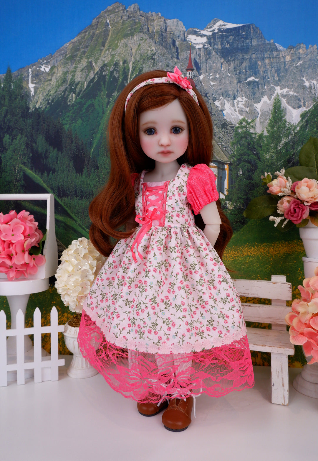 Alpine Summer - dirndl dress ensemble with boots for Ruby Red Fashion Friends doll
