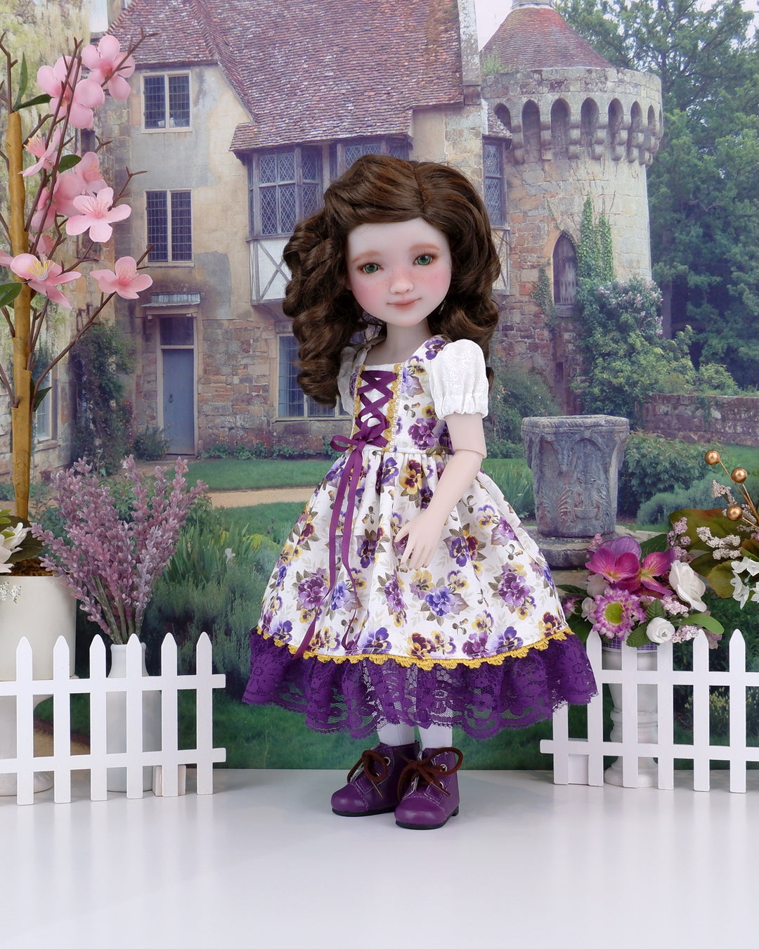Alpine Pansy - dirndl dress ensemble with boots for Ruby Red Fashion Friends doll
