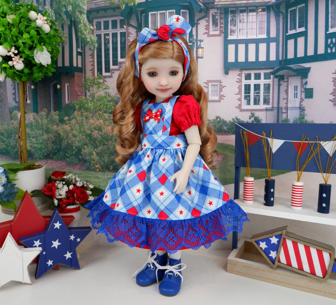 American Plaid - dress & apron with boots for Ruby Red Fashion Friends doll