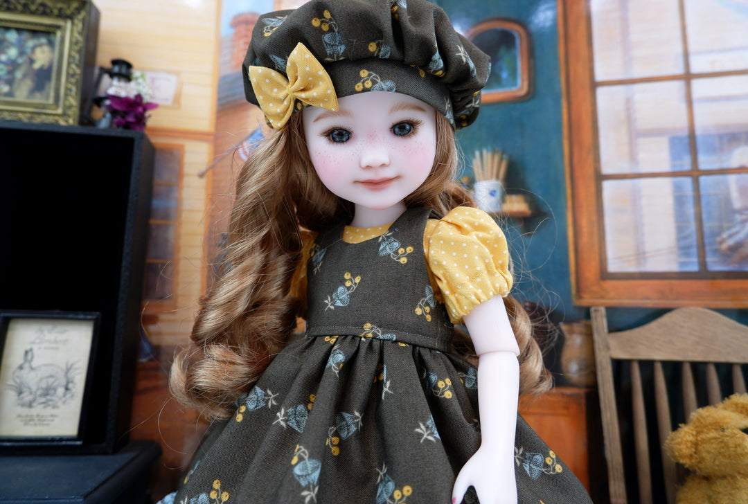 Autumn Bellflower - dress &amp; pinafore with boots for Ruby Red Fashion Friends doll