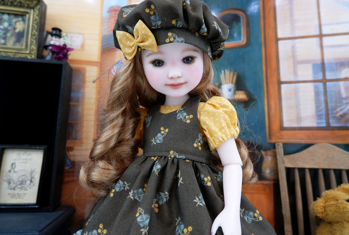 Autumn Bellflower - dress &amp; pinafore with boots for Ruby Red Fashion Friends doll