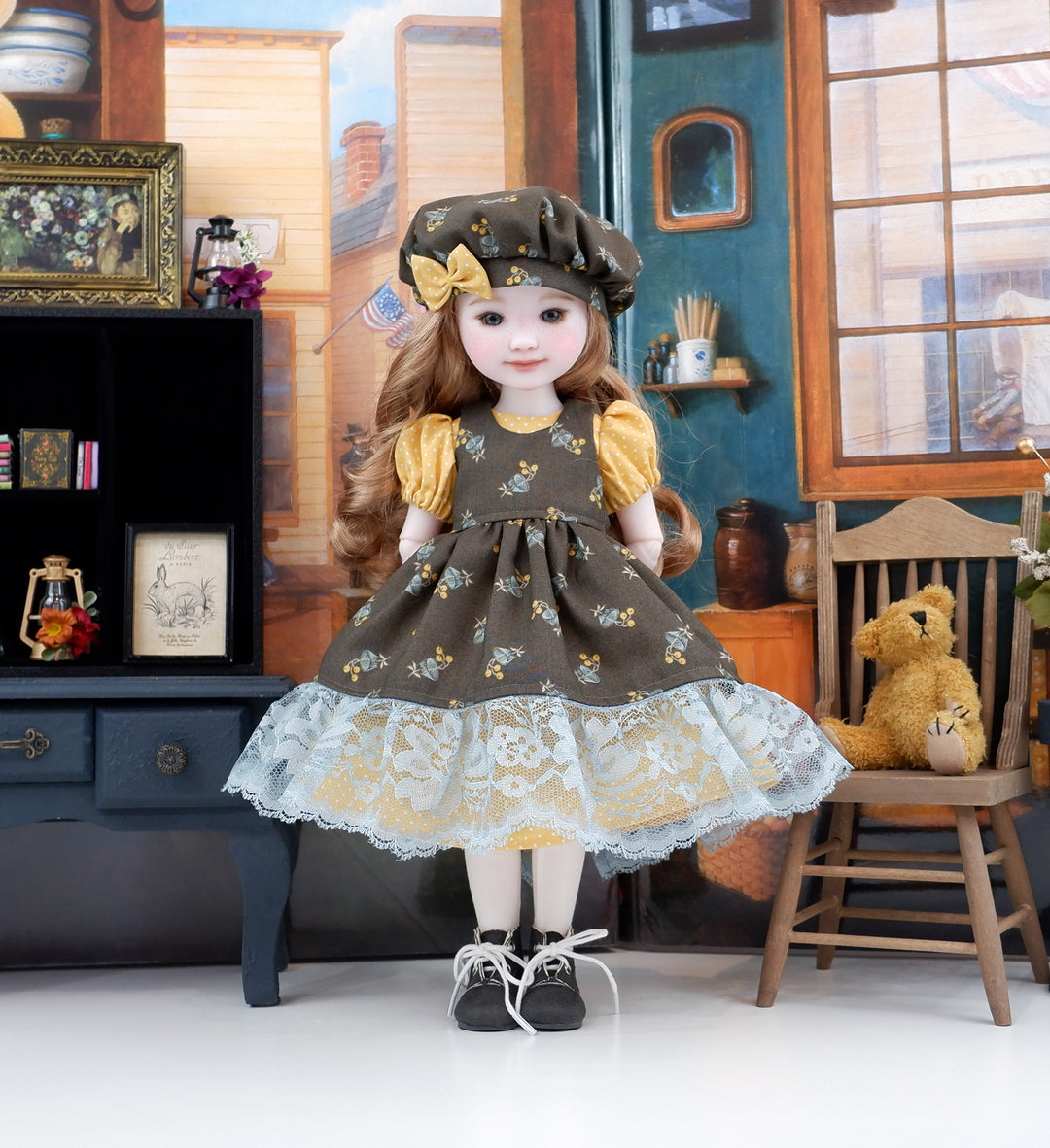 Autumn Bellflower - dress &amp; pinafore with boots for Ruby Red Fashion Friends doll