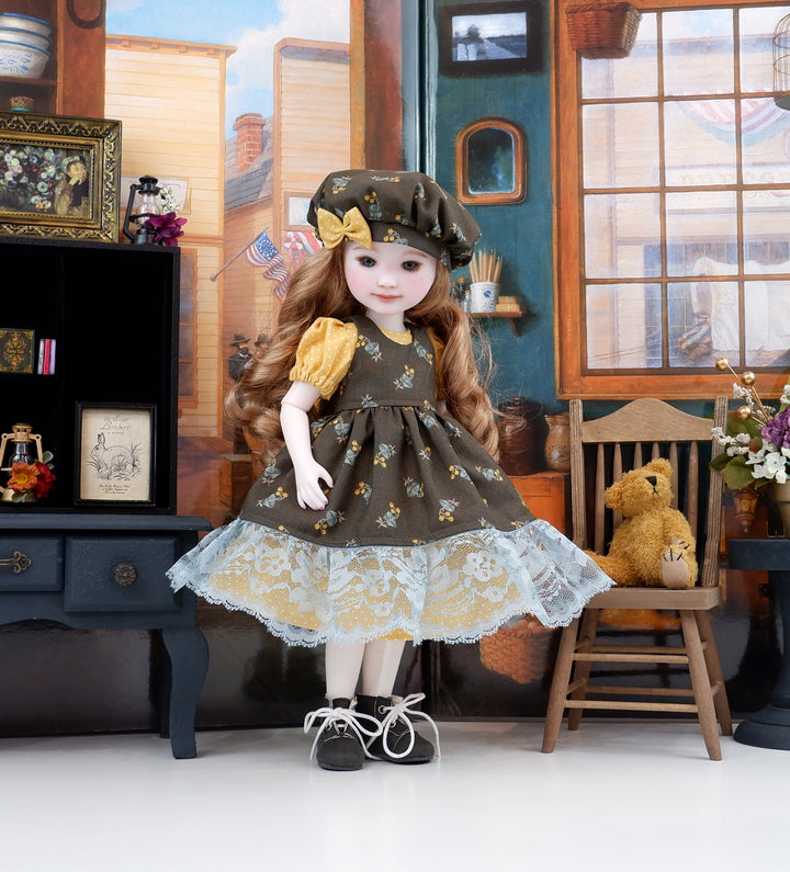 Autumn Bellflower - dress &amp; pinafore with boots for Ruby Red Fashion Friends doll