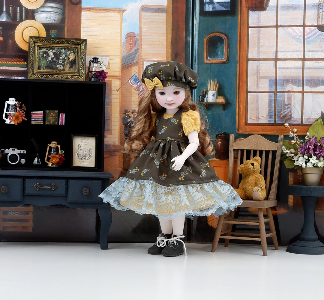 Autumn Bellflower - dress &amp; pinafore with boots for Ruby Red Fashion Friends doll