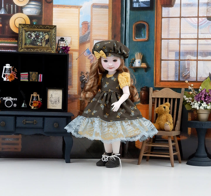 Autumn Bellflower - dress &amp; pinafore with boots for Ruby Red Fashion Friends doll