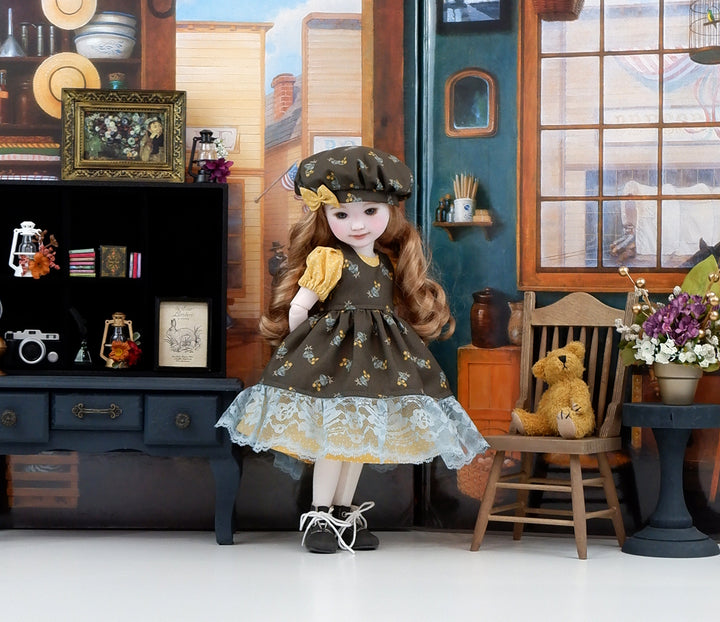 Autumn Bellflower - dress &amp; pinafore with boots for Ruby Red Fashion Friends doll