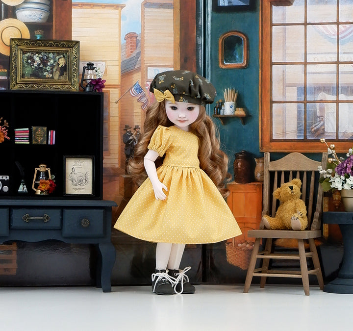 Autumn Bellflower - dress &amp; pinafore with boots for Ruby Red Fashion Friends doll