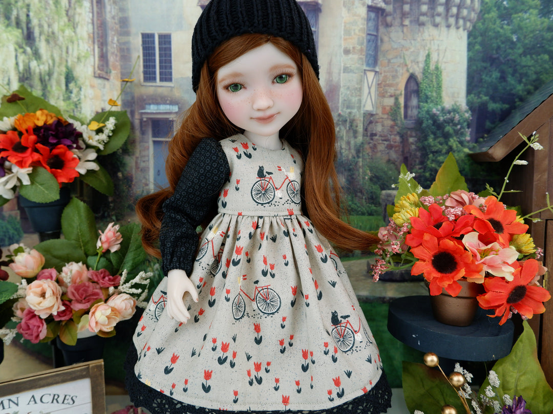 Autumn Bike Ride - dress ensemble with boots for Ruby Red Fashion Friends doll
