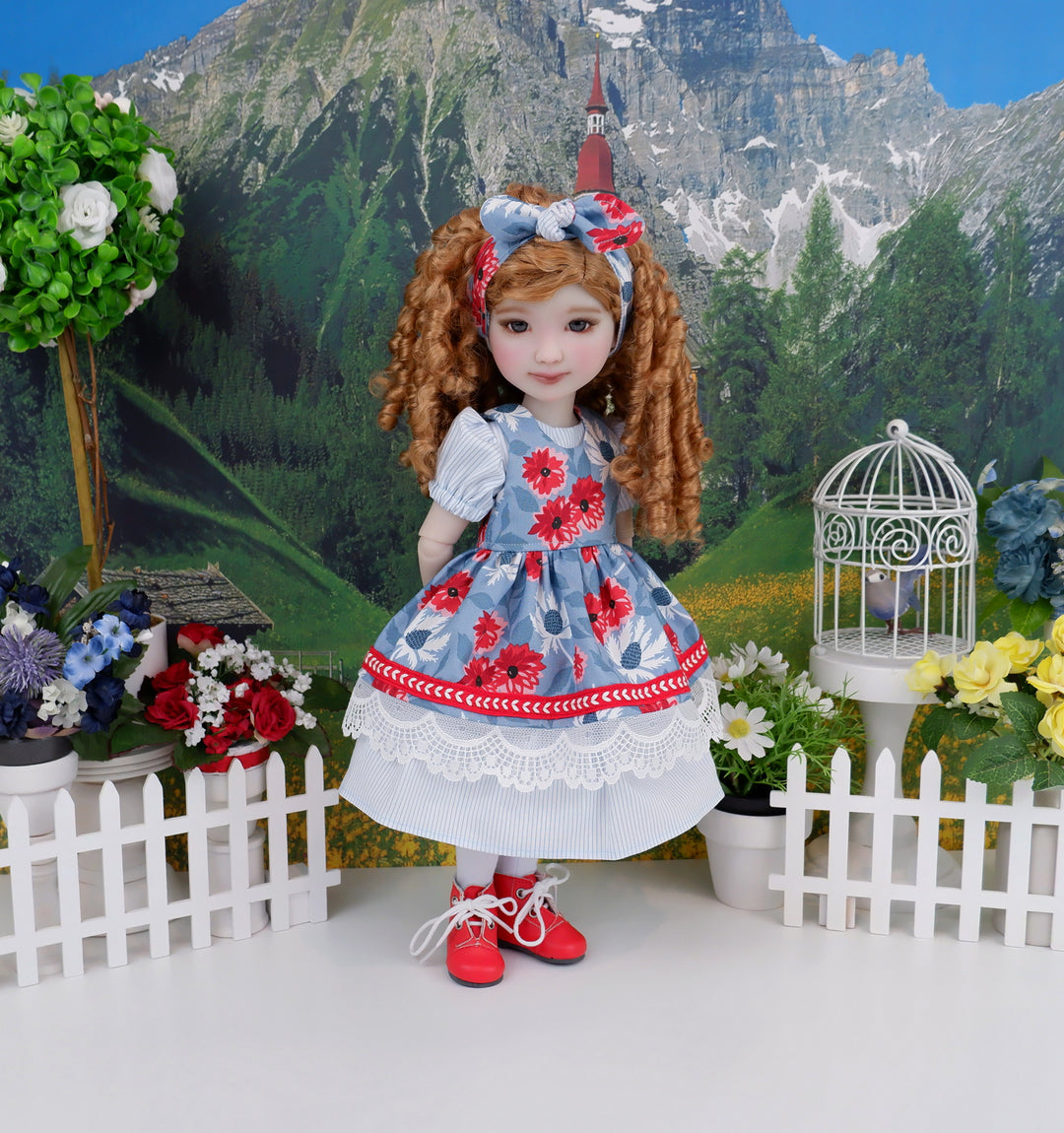 Black Eyed Susans - dress & pinafore with boots for Ruby Red Fashion Friends doll