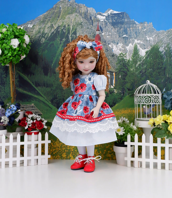 Black Eyed Susans - dress & pinafore with boots for Ruby Red Fashion Friends doll