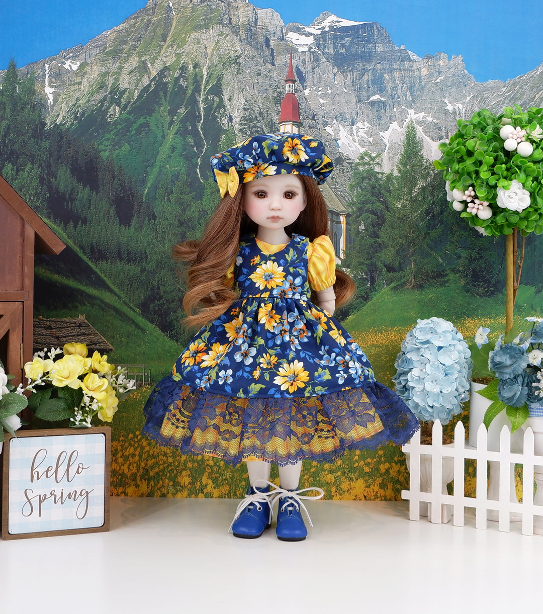Blooming Morning - dress & pinafore ensemble with boots for Ruby Red Fashion Friends doll