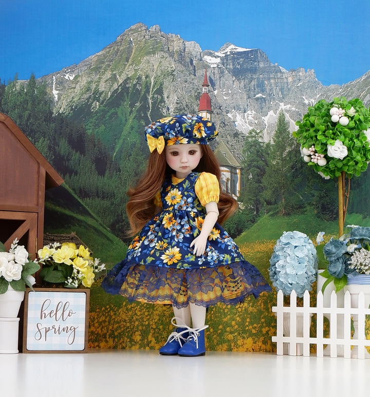 Blooming Morning - dress & pinafore ensemble with boots for Ruby Red Fashion Friends doll