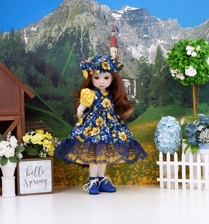 Blooming Morning - dress & pinafore ensemble with boots for Ruby Red Fashion Friends doll