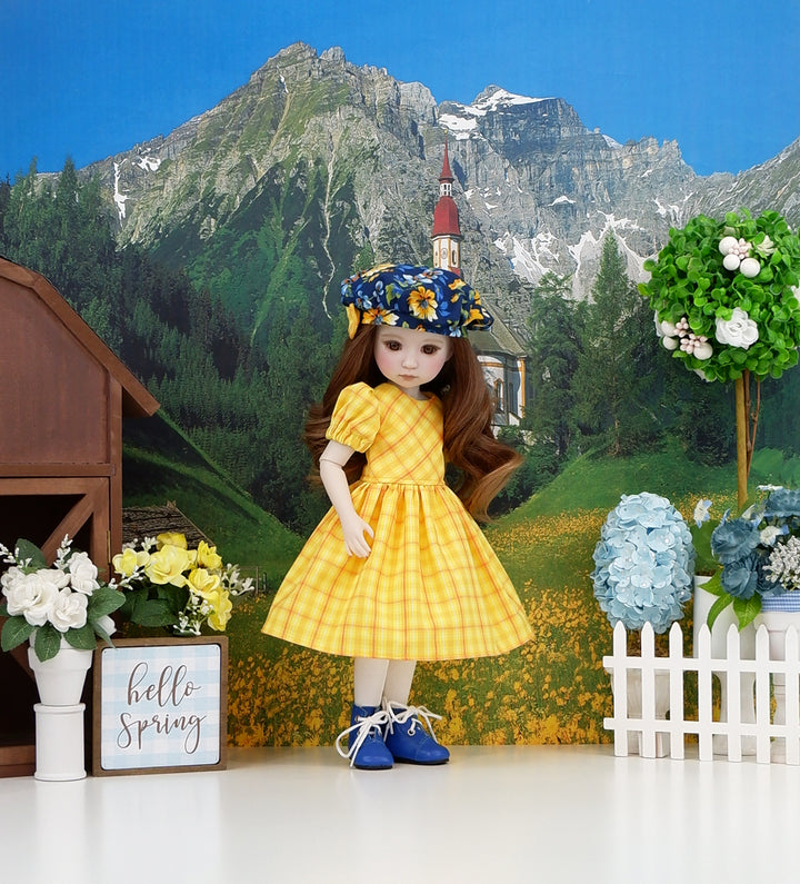 Blooming Morning - dress & pinafore ensemble with boots for Ruby Red Fashion Friends doll