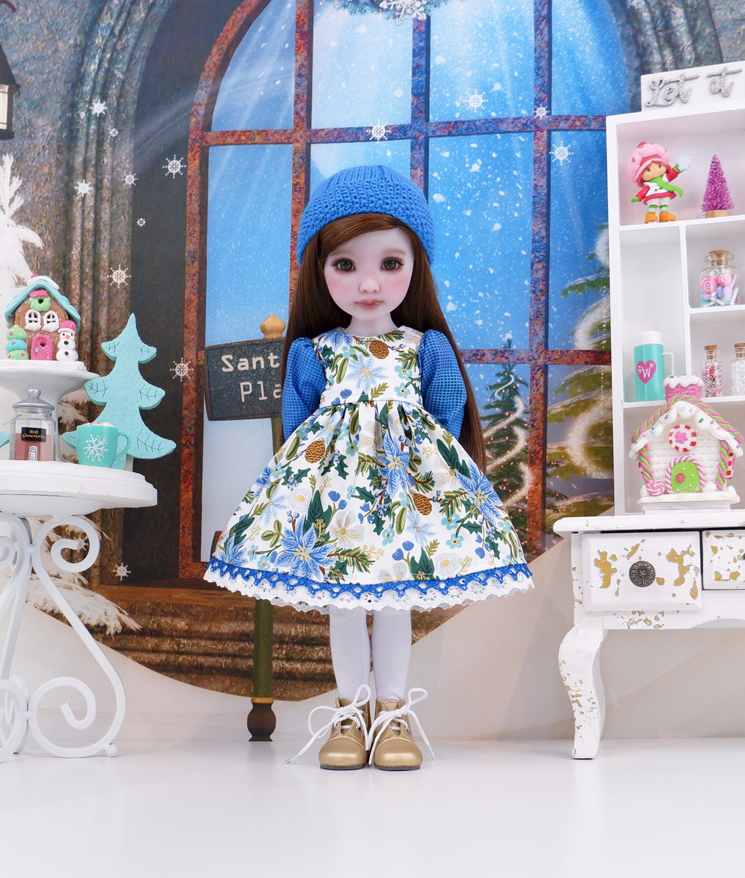 Blue Poinsettia - dress ensemble with boots for Ruby Red Fashion Frien Cottontail Doll Designs Blue Poinsettia - dress ensemble with boots for Ruby Red Fashion Frien Cottontail Doll Designs