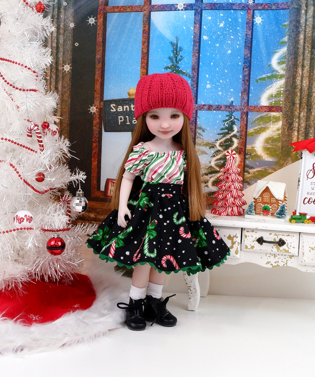 Candy Cane Cutie - blouse & skirt with boots for Ruby Red Fashion Friends doll