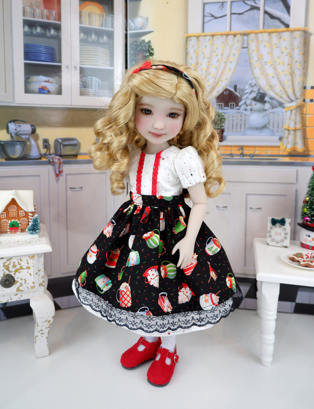 Cocoa Mugs - dress & apron with shoes for Ruby Red Fashion Friends doll