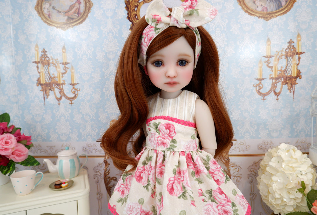 Cream Spring Rose - romper and apron with boots for Ruby Red Fashion Friends doll