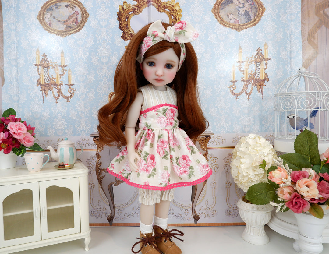 Cream Spring Rose - romper and apron with boots for Ruby Red Fashion Friends doll