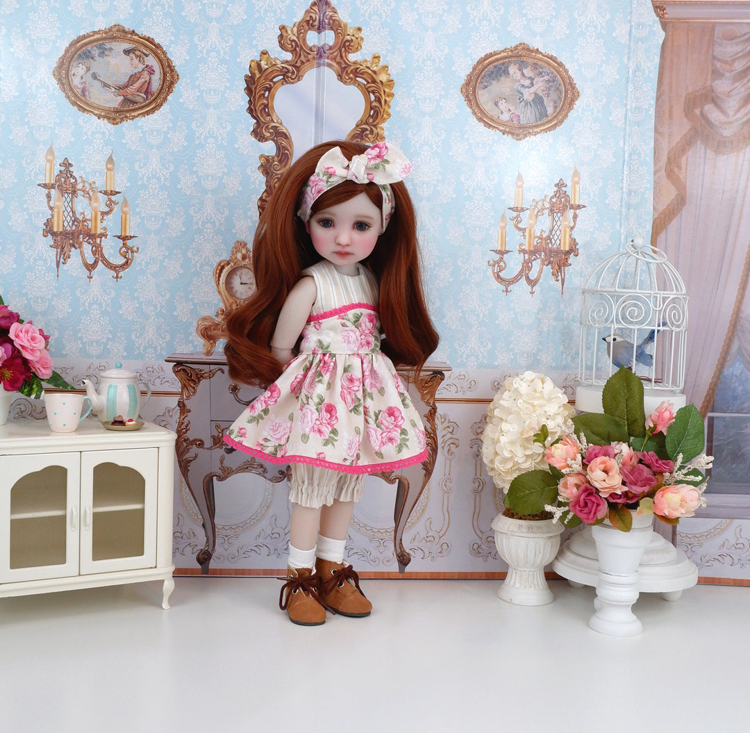 Cream Spring Rose - romper and apron with boots for Ruby Red Fashion Friends doll