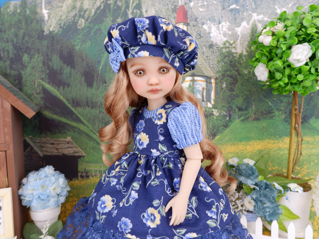 Empire Blue Pansy - dress & pinafore ensemble with boots for Ruby Red Fashion Friends doll