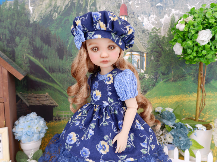 Empire Blue Pansy - dress & pinafore ensemble with boots for Ruby Red Fashion Friends doll