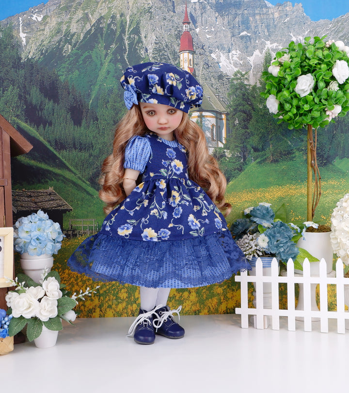 Empire Blue Pansy - dress & pinafore ensemble with boots for Ruby Red Fashion Friends doll