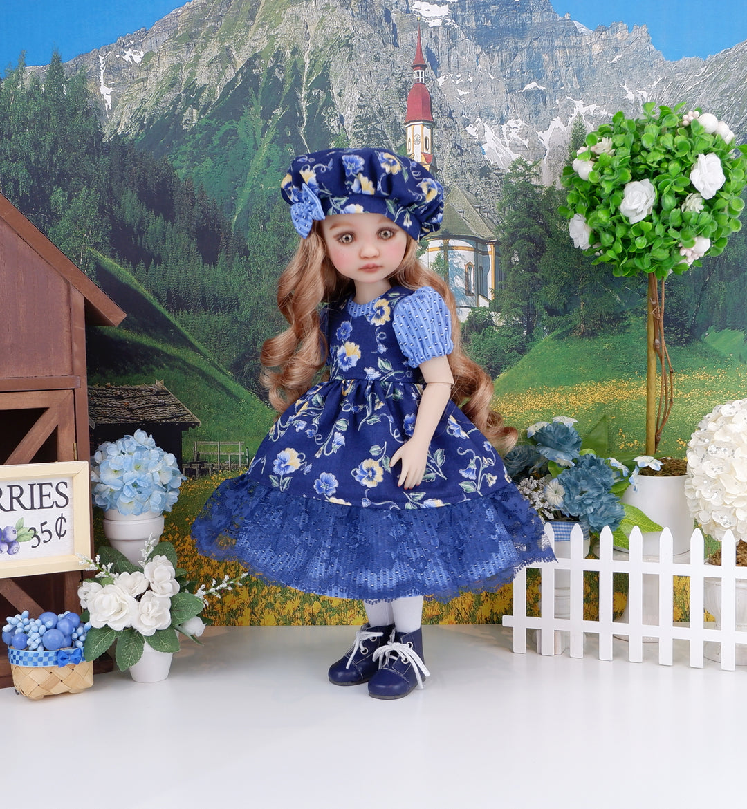 Empire Blue Pansy - dress & pinafore ensemble with boots for Ruby Red Fashion Friends doll