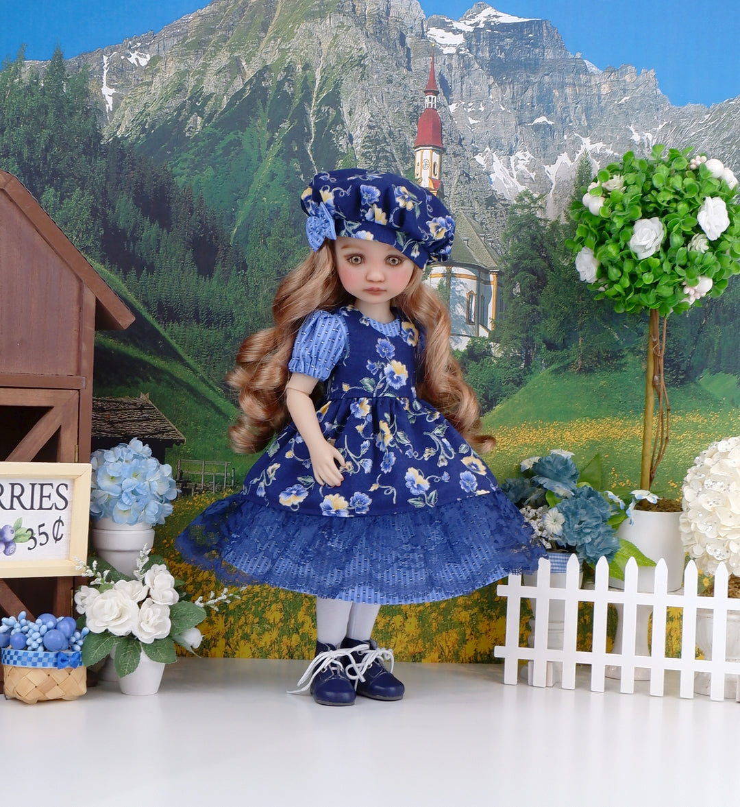 Empire Blue Pansy - dress & pinafore ensemble with boots for Ruby Red Fashion Friends doll