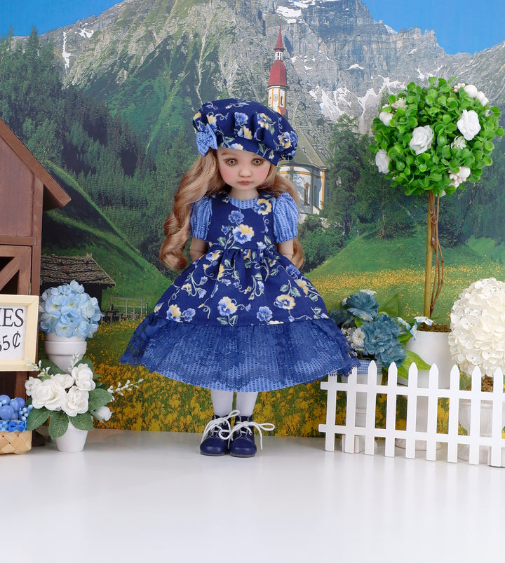 Empire Blue Pansy - dress & pinafore ensemble with boots for Ruby Red Fashion Friends doll