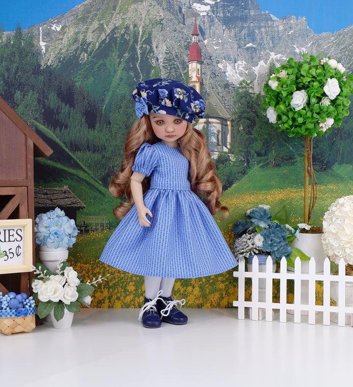 Empire Blue Pansy - dress & pinafore ensemble with boots for Ruby Red Fashion Friends doll