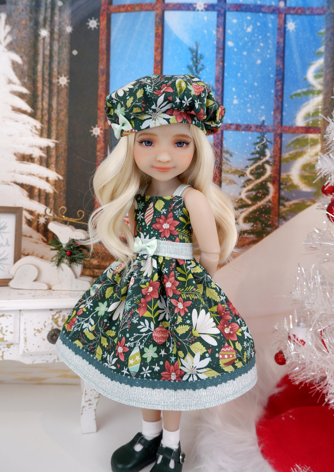 Evergreen Poinsettias - dress with shoes for Ruby Red Fashion Friends doll