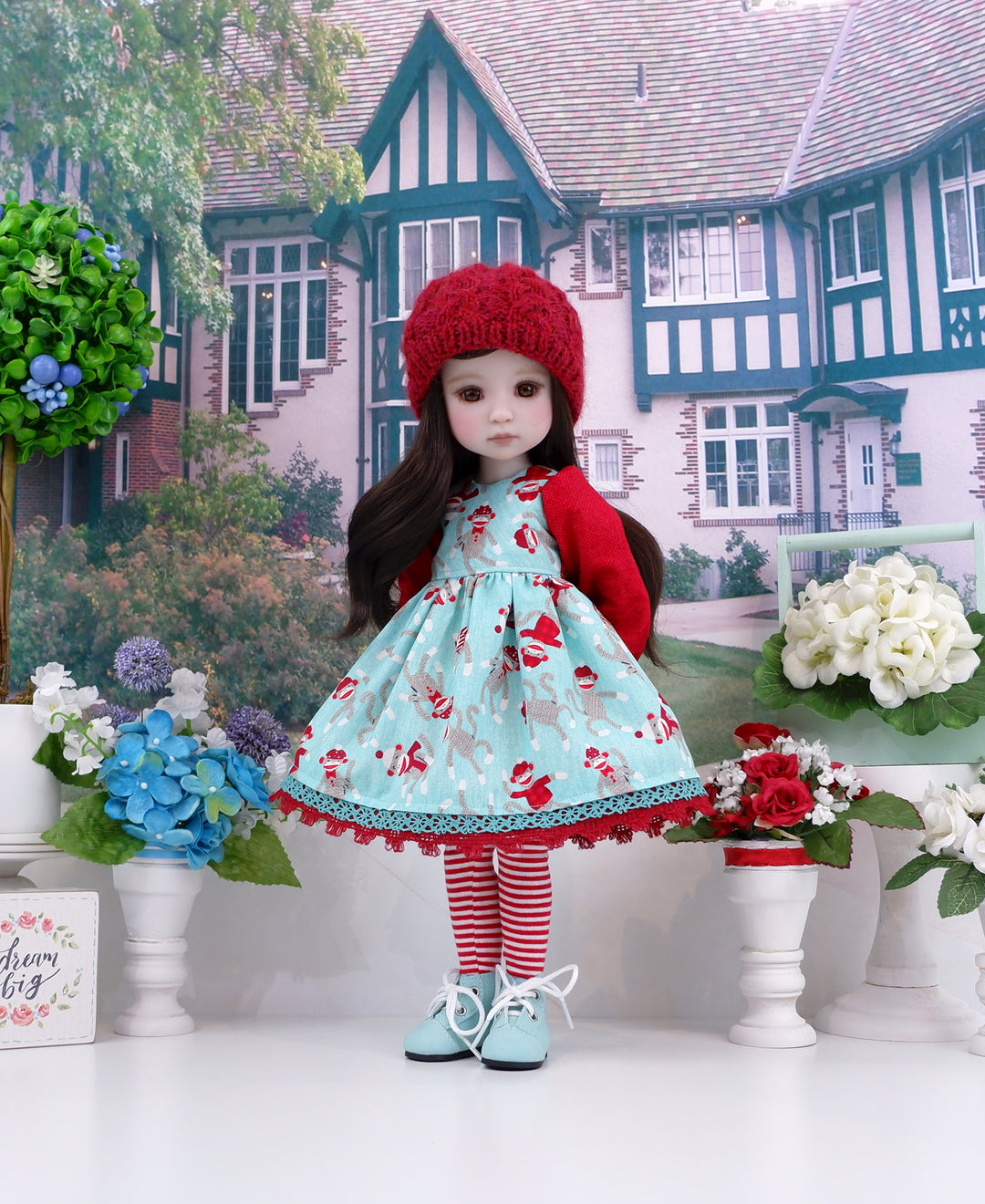 Favorite Sock Monkey - dress ensemble with boots for Ruby Red Fashion Friends doll