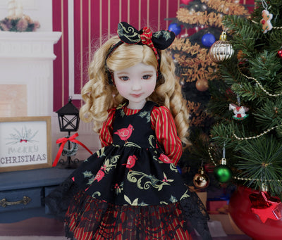 Filigree Cardinal - dress & pinafore with boots for Ruby Red Fashion Friends doll