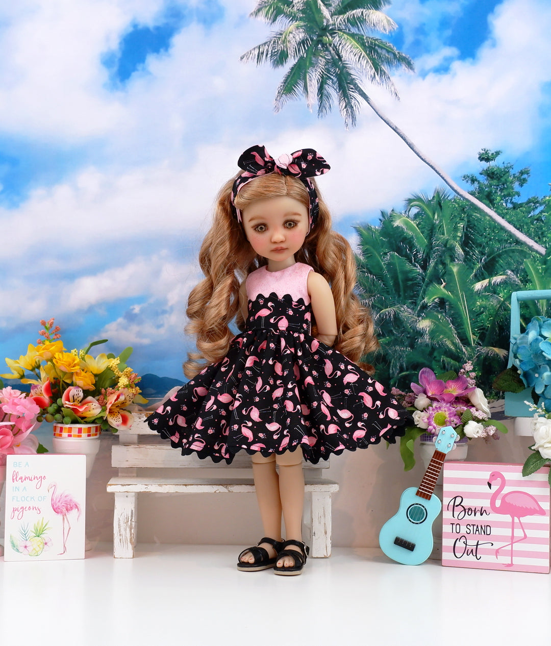 Flamingo Hibiscus - dress and sandals for Ruby Red Fashion Friends doll