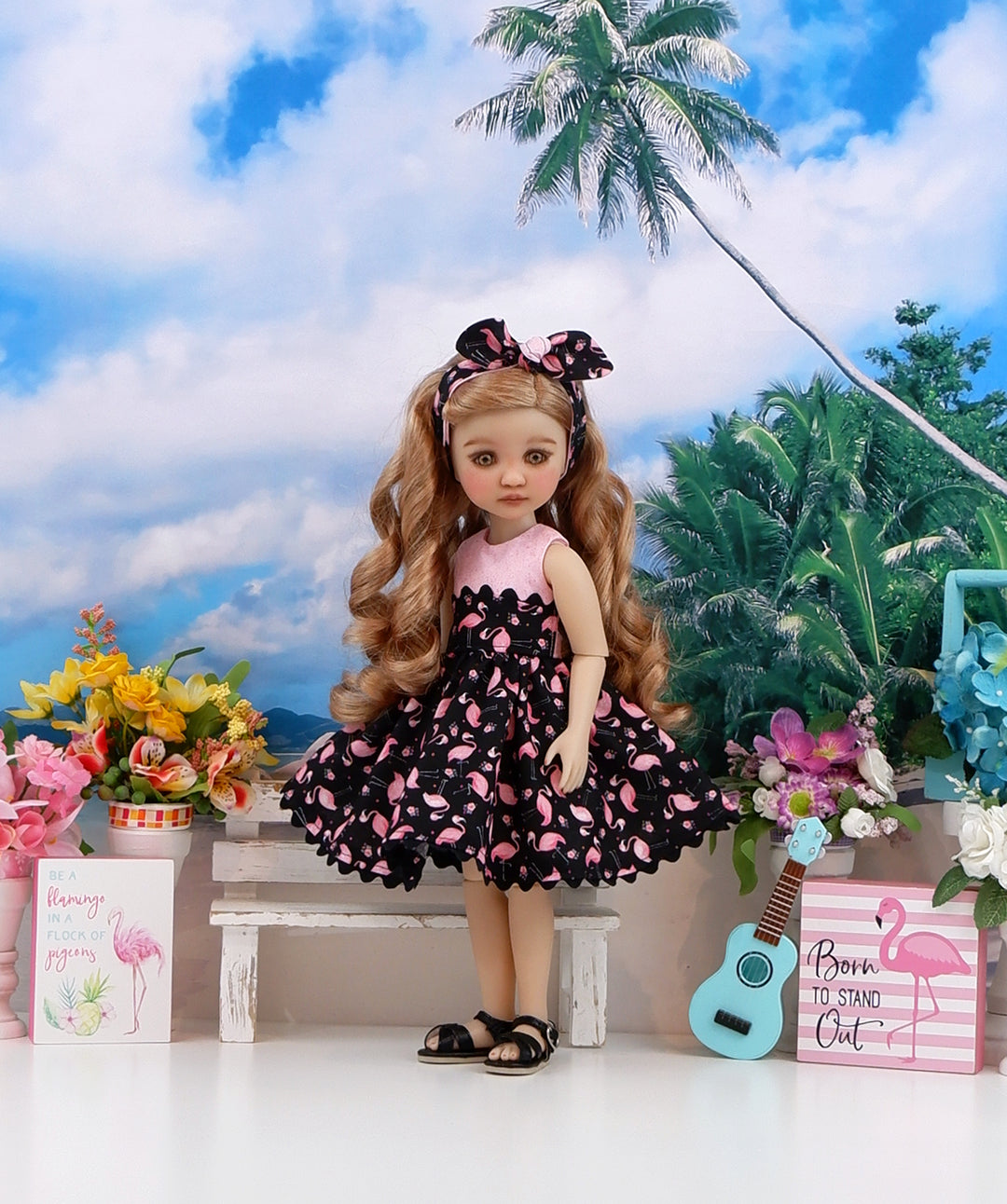 Flamingo Hibiscus - dress and sandals for Ruby Red Fashion Friends doll