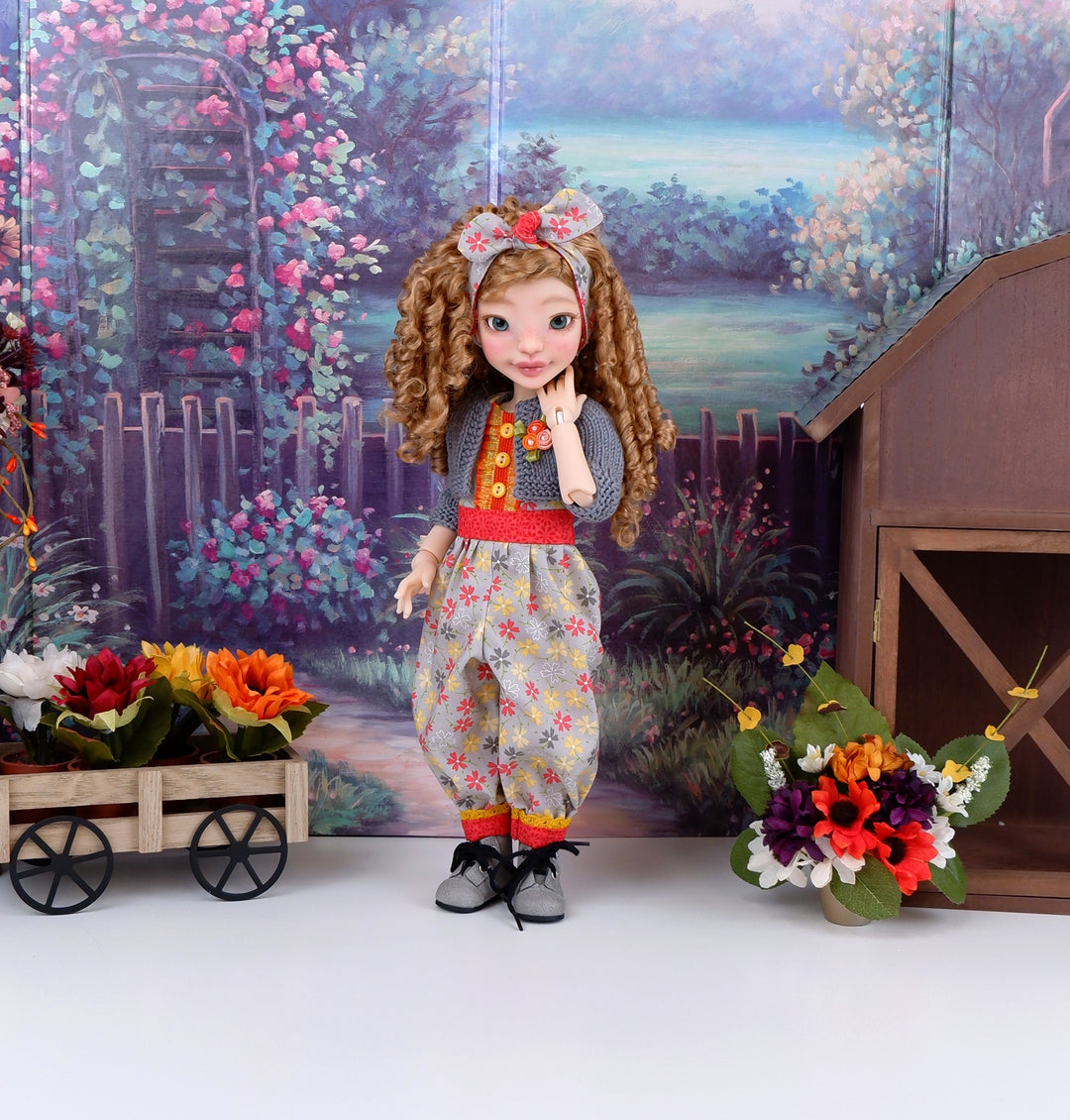 Floral Fields - romper with sweater & boots for Anderson Art Doll BJD
