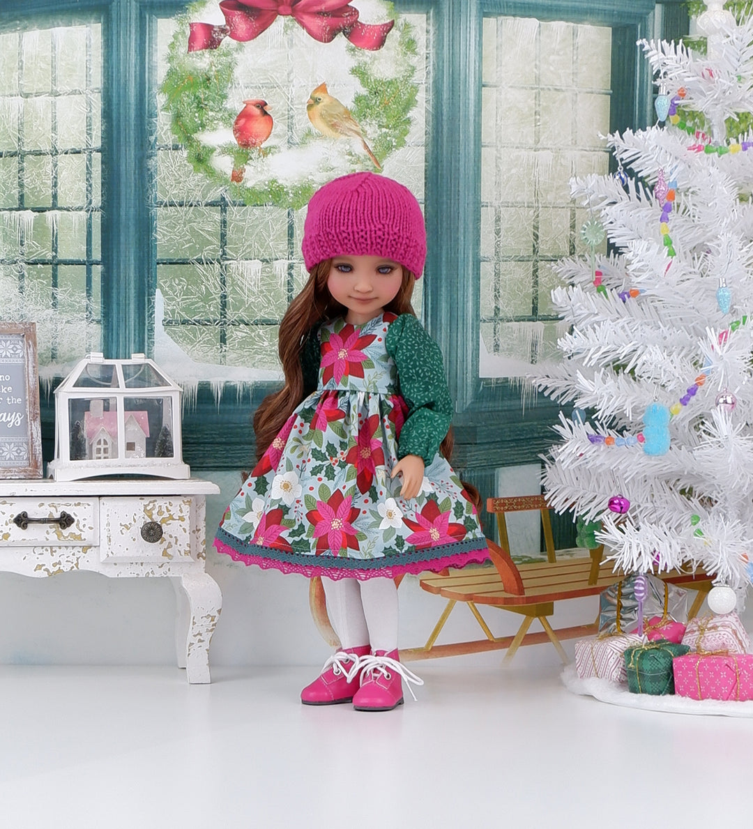 Fuchsia Poinsettia - dress ensemble with boots for Ruby Red Fashion Friends doll