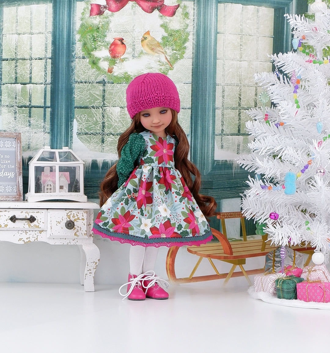 Fuchsia Poinsettia - dress ensemble with boots for Ruby Red Fashion Friends doll