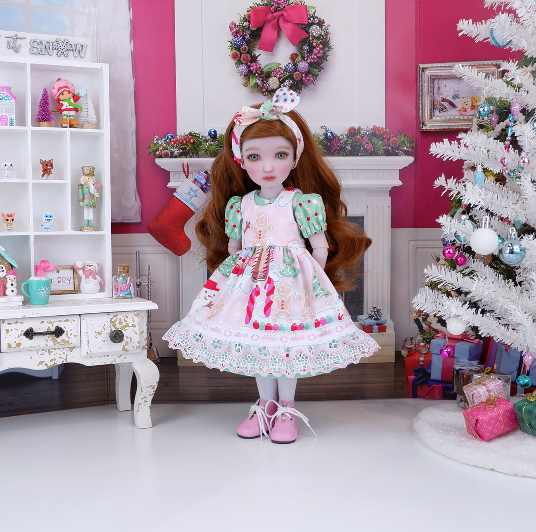 Gingerbread Village - dress & pinafore with boots for Ruby Red Fashion Friends doll