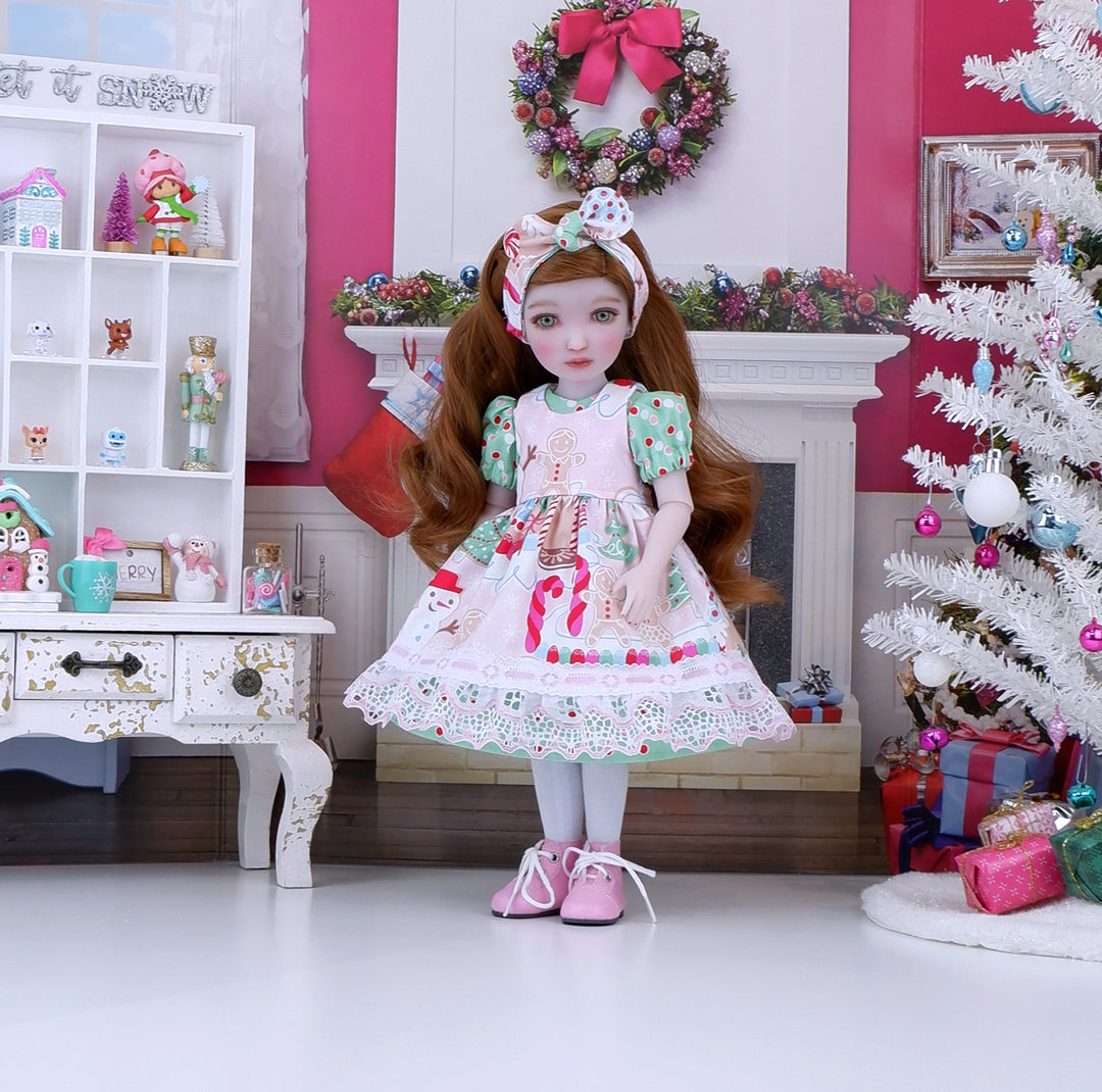 Gingerbread Village - dress & pinafore with boots for Ruby Red Fashion Friends doll