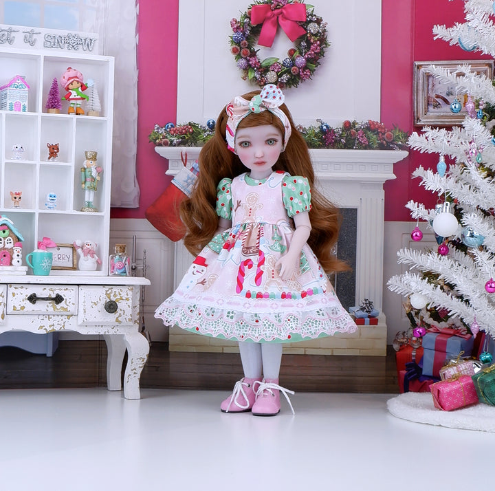 Gingerbread Village - dress & pinafore with boots for Ruby Red Fashion Friends doll