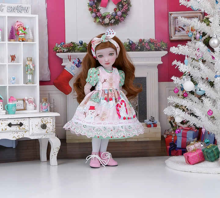 Gingerbread Village - dress & pinafore with boots for Ruby Red Fashion Friends doll