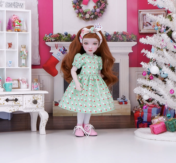 Gingerbread Village - dress & pinafore with boots for Ruby Red Fashion Friends doll