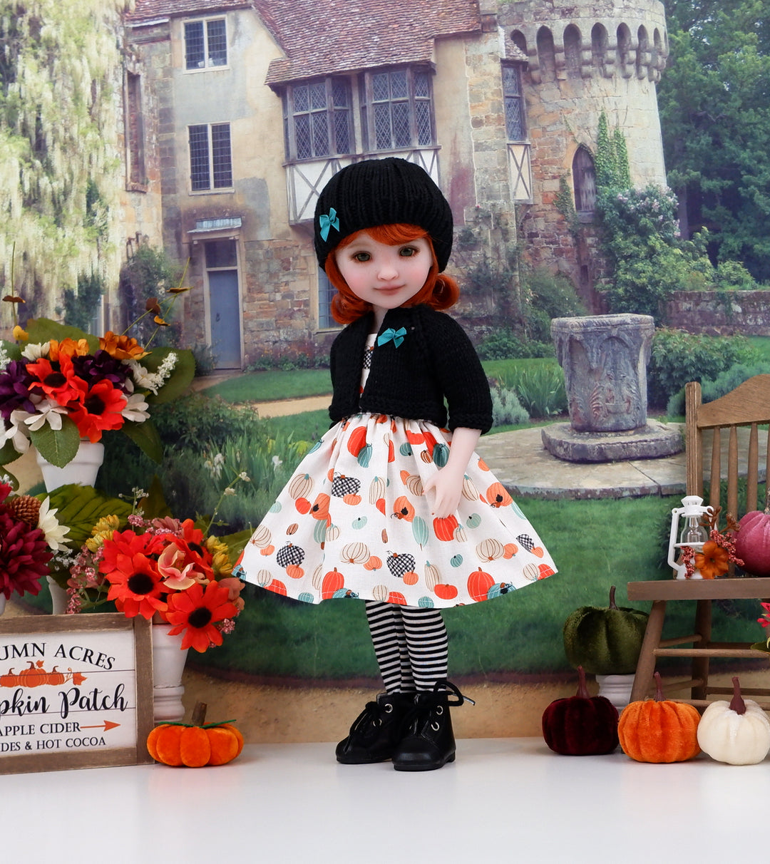 Gingham Pumpkin Patch - dress, sweater and boots for Ruby Red Fashion Friends doll
