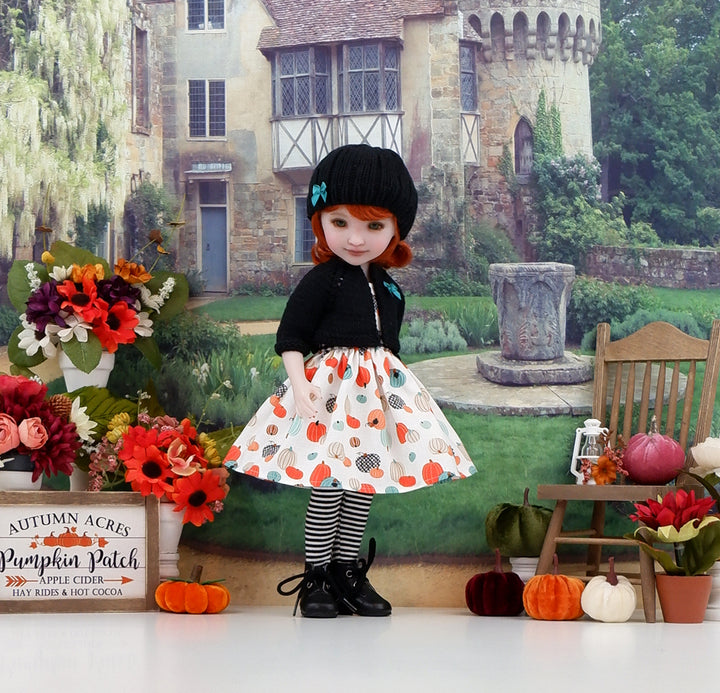 Gingham Pumpkin Patch - dress, sweater and boots for Ruby Red Fashion Friends doll