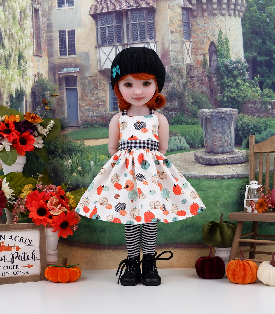 Gingham Pumpkin Patch - dress, sweater and boots for Ruby Red Fashion Friends doll