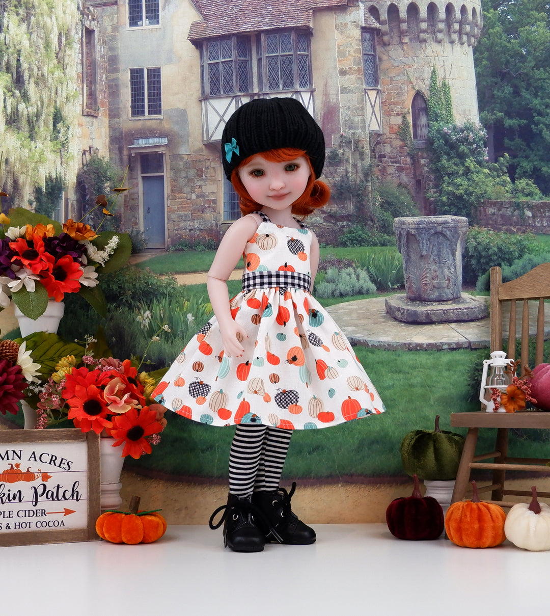 Gingham Pumpkin Patch - dress, sweater and boots for Ruby Red Fashion Friends doll