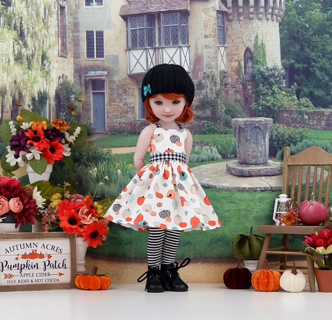 Gingham Pumpkin Patch - dress, sweater and boots for Ruby Red Fashion Friends doll