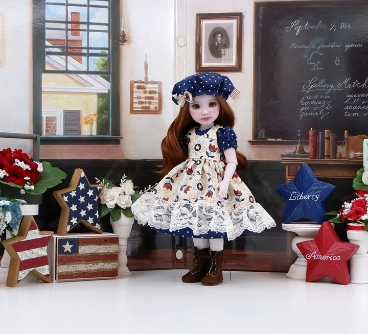 Independence Garden - dress & pinafore with boots for Ruby Red Fashion Friends doll